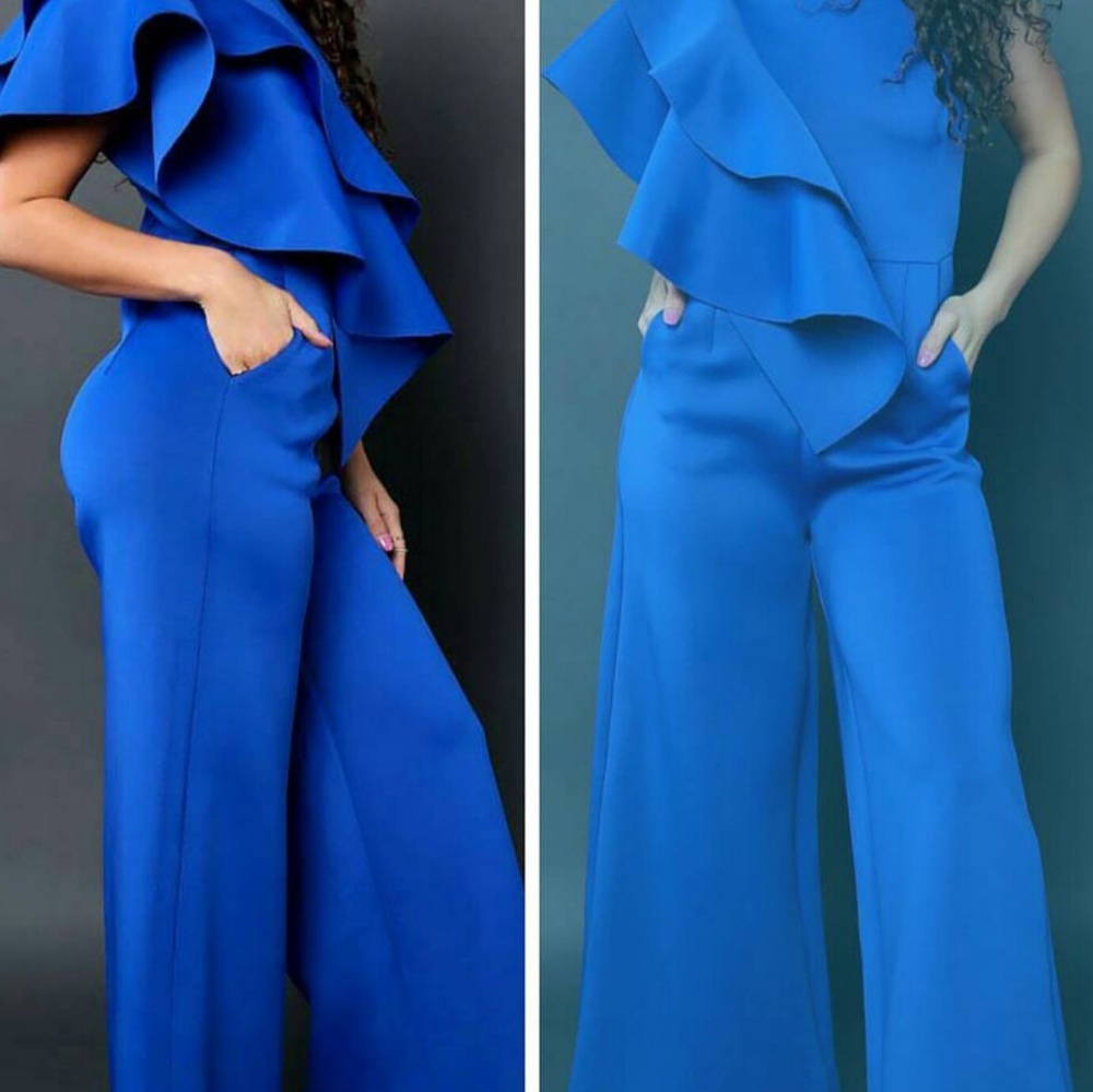 BLUE One Shoulder Ruffled Jumpsuit